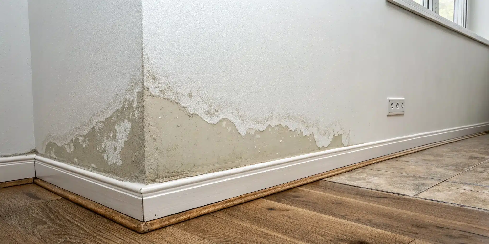 A water pipe is leaking slowly inside the wall, with small droplets forming at the joint.